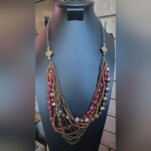 Elegant Multi-Strand Necklace with Red and Gold Beads